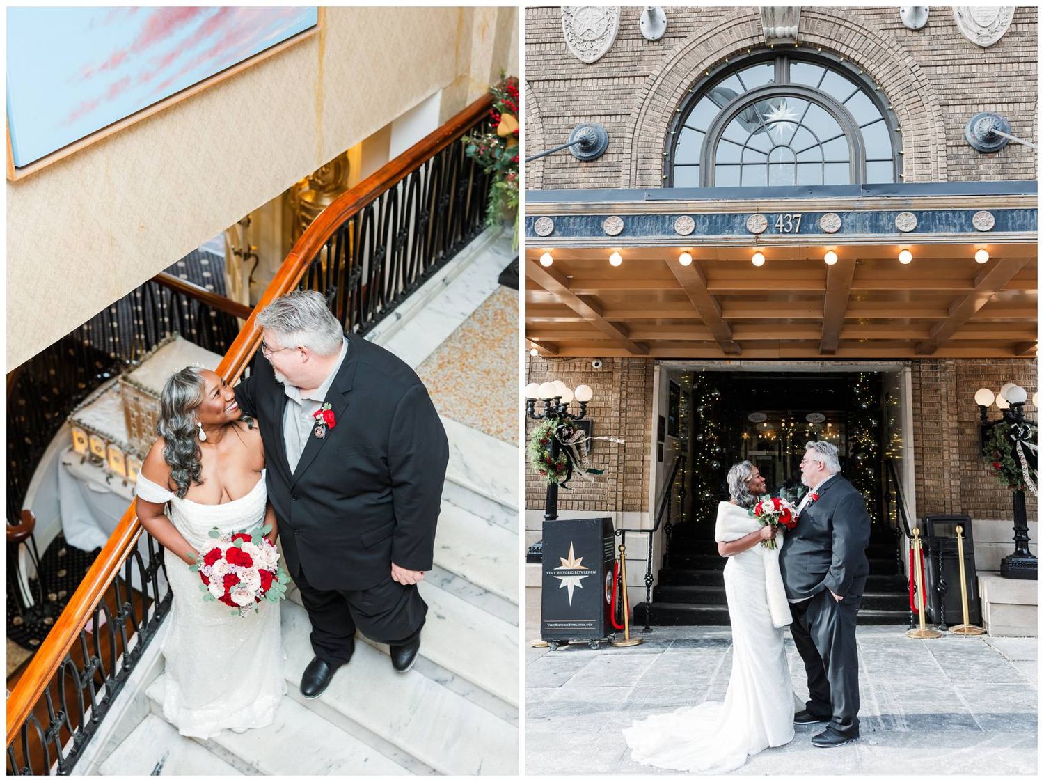 Winter wedding photos captured outside a venue with architectural details and snowy steps.
