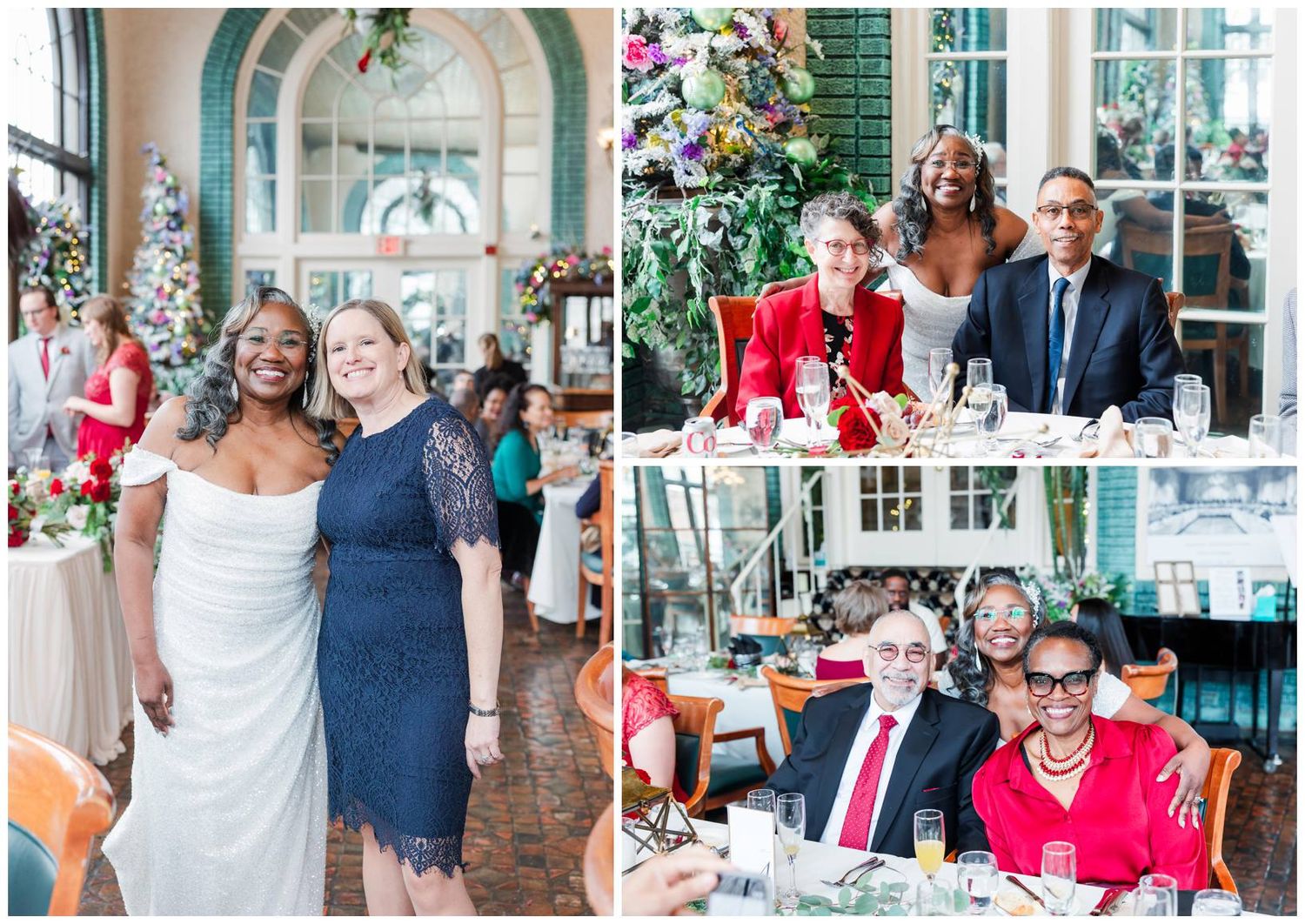 Wedding reception photos showing guests and decor at an elegant venue with green accents.