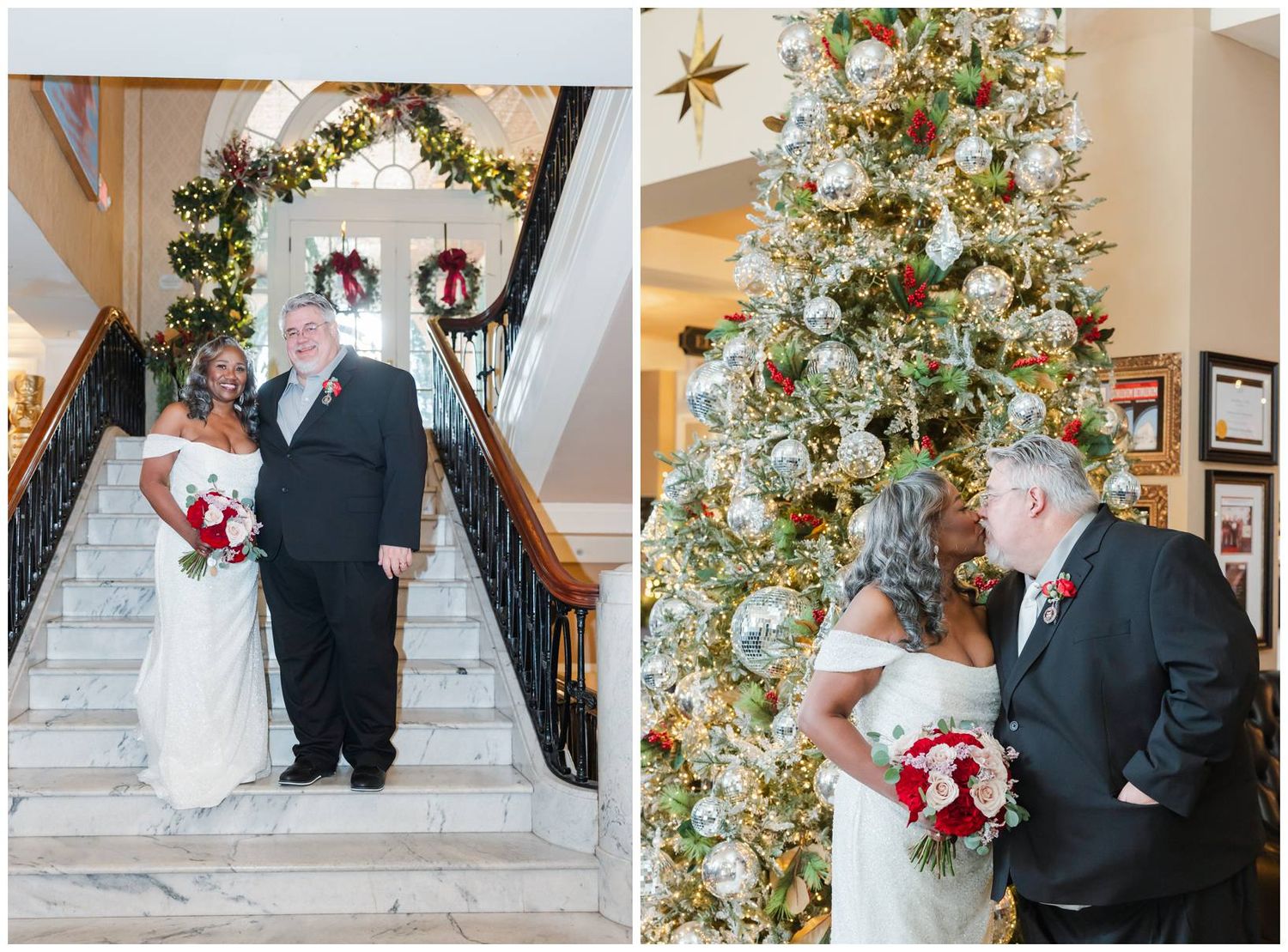 A festive winter wedding scene with elegant decorations and a grand staircase adorned with holiday garlands and twinkling lights.