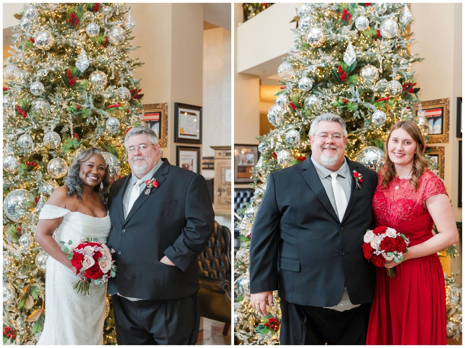 A series of holiday wedding photos showing couples posing in front of an elegant Christmas tree.