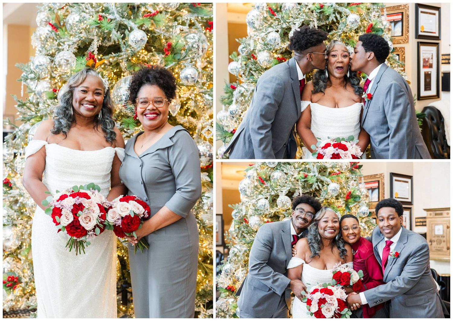Wedding couple shares intimate moments in front of a floral backdrop with red and white bouquet details.