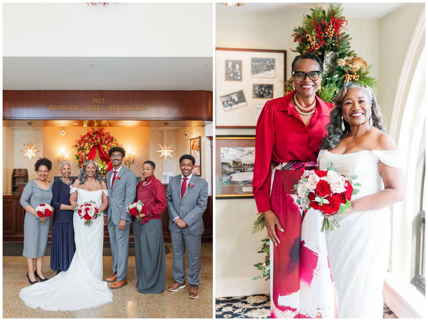 Wedding party poses for formal photos in a venue decorated with holiday decor and flowers.