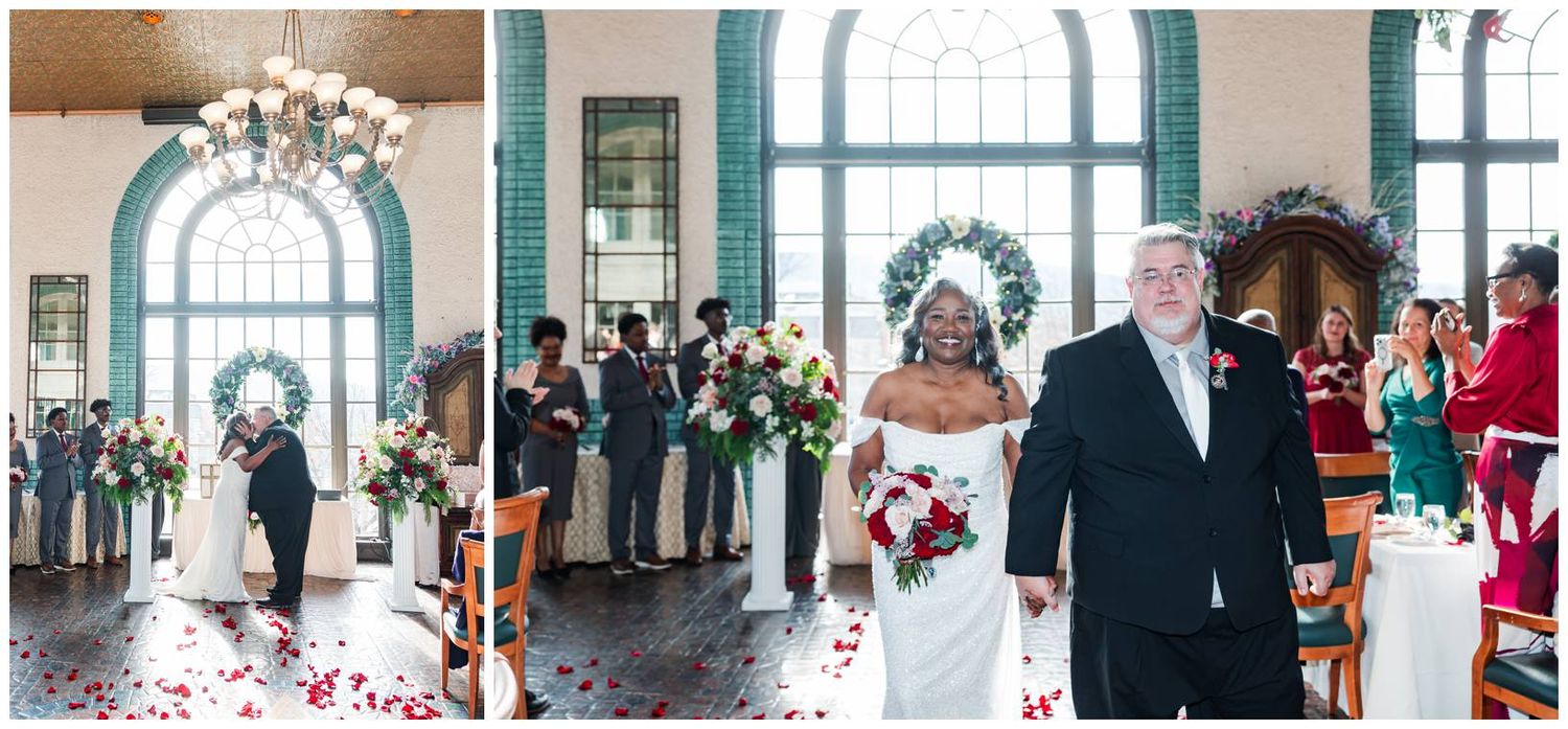 Wedding celebration collage showing various moments from the ceremony and reception in an elegant venue.