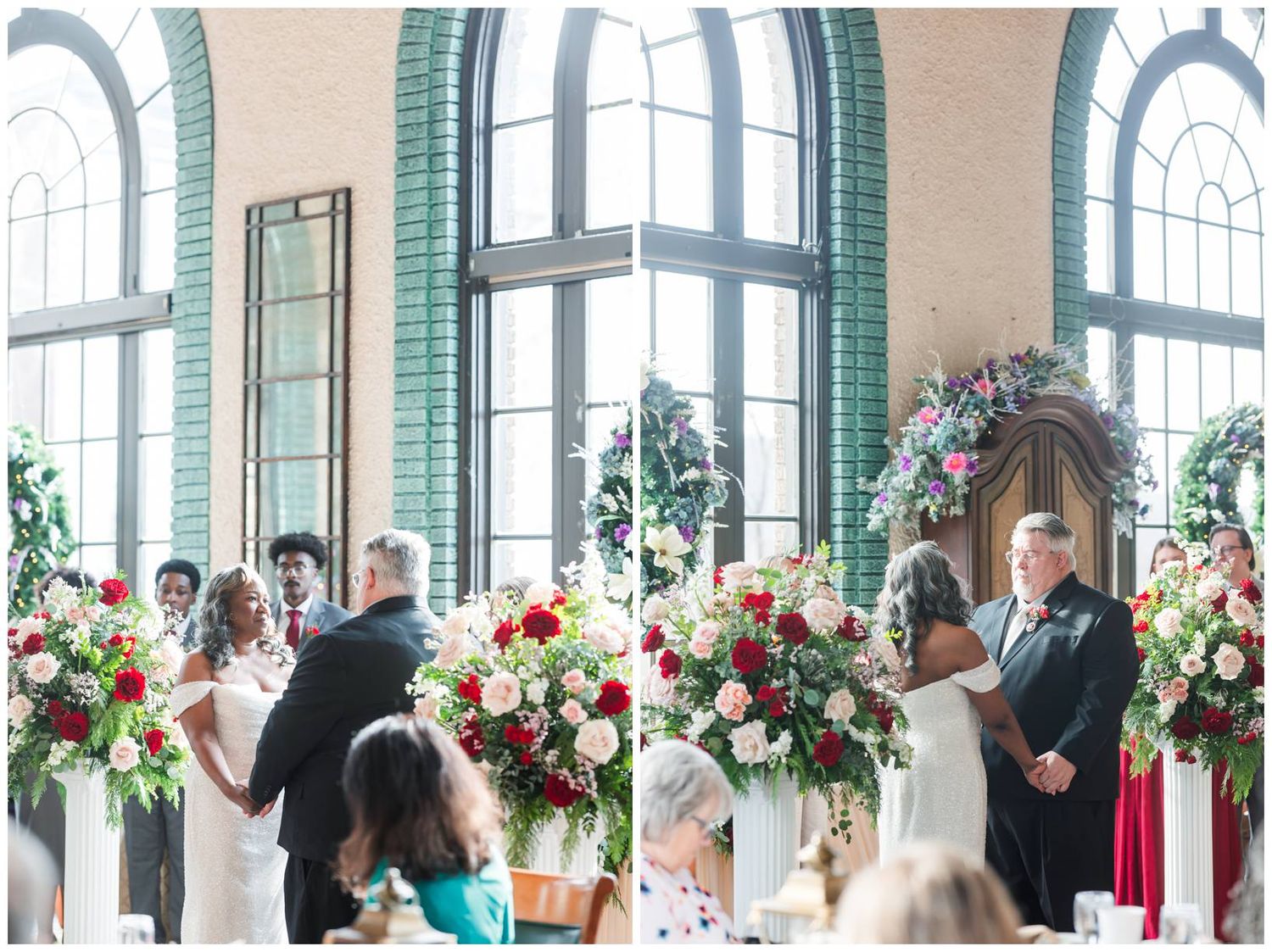 A panoramic view of a wedding ceremony in an elegant conservatory decorated with red and white floral arrangements.