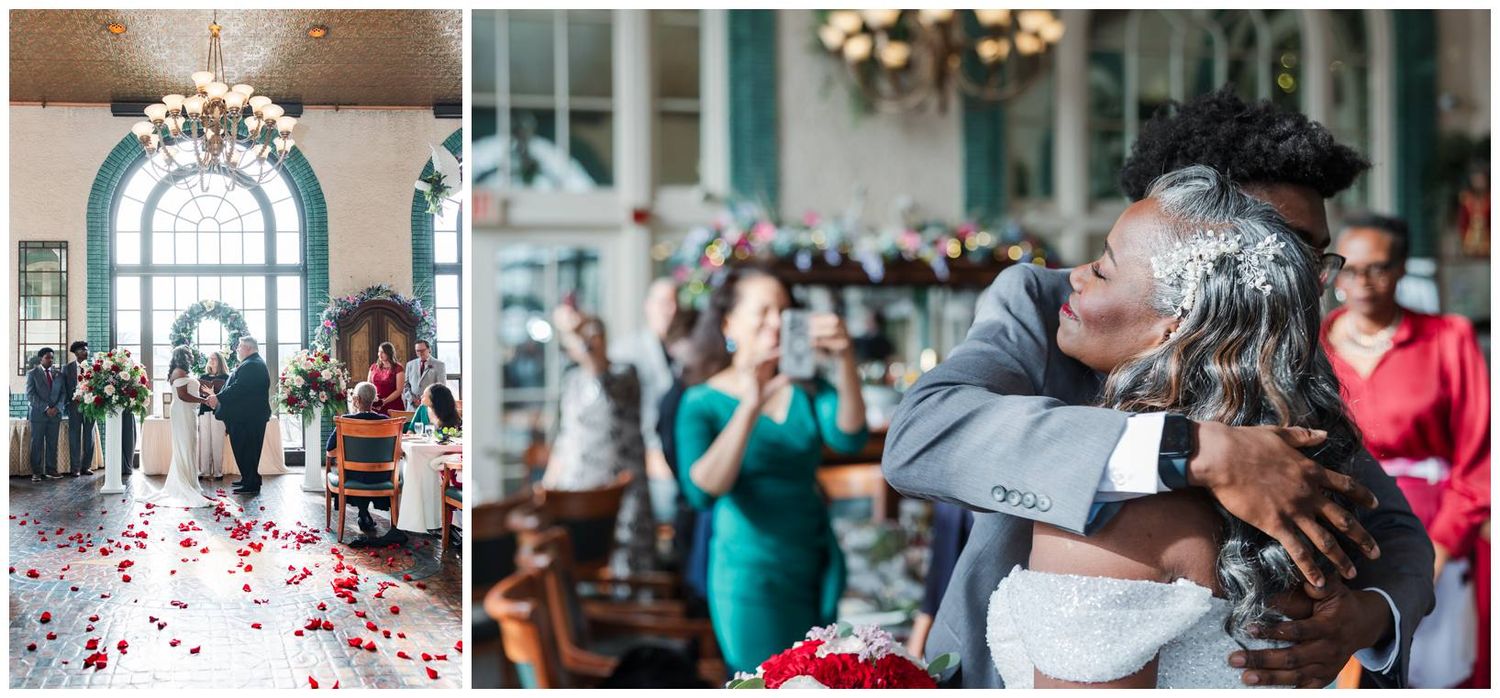 Wedding guests dancing and celebrating on a dance floor during a lively reception party.