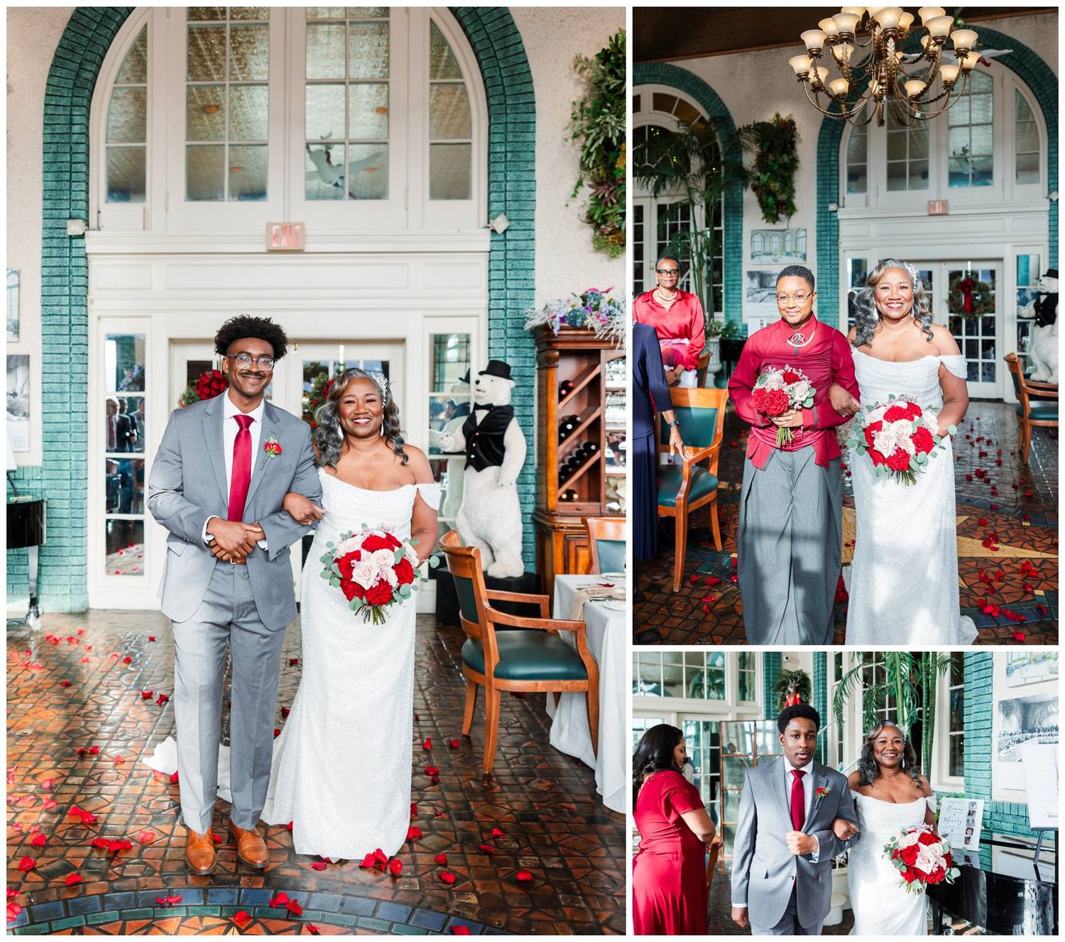 Wedding ceremony and celebration at a venue with teal trim, featuring red and white decor elements.