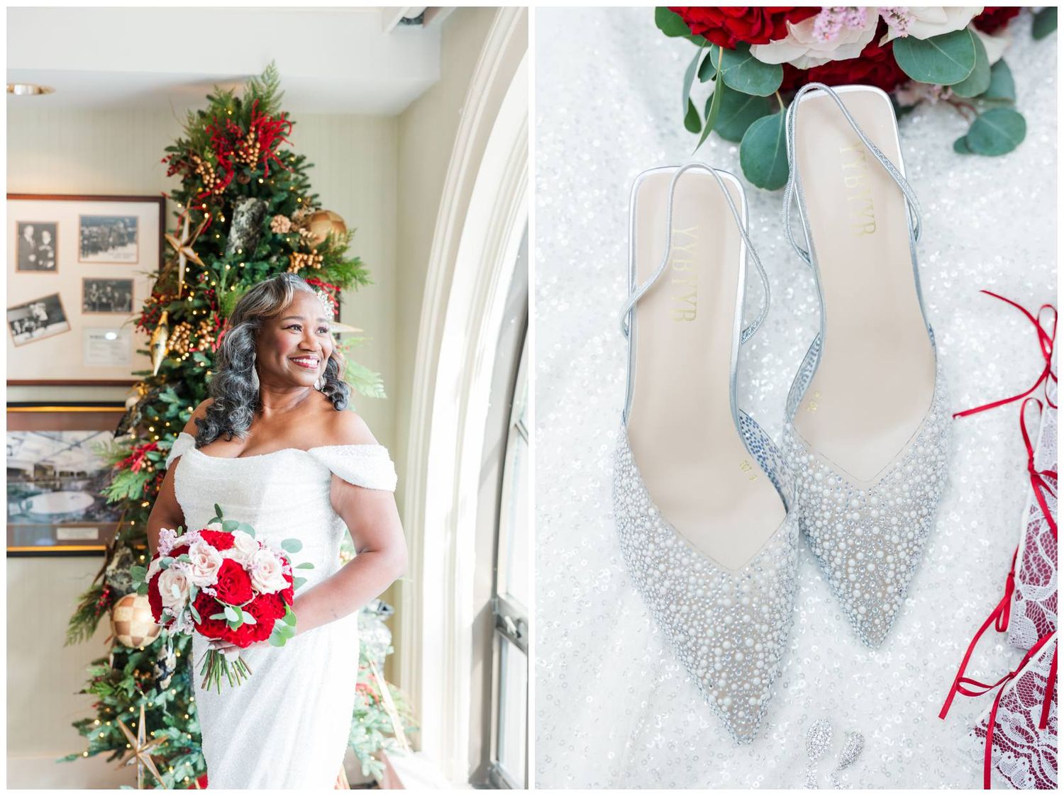 Wedding details featuring red and white floral arrangements with delicate lace and decorative elements.