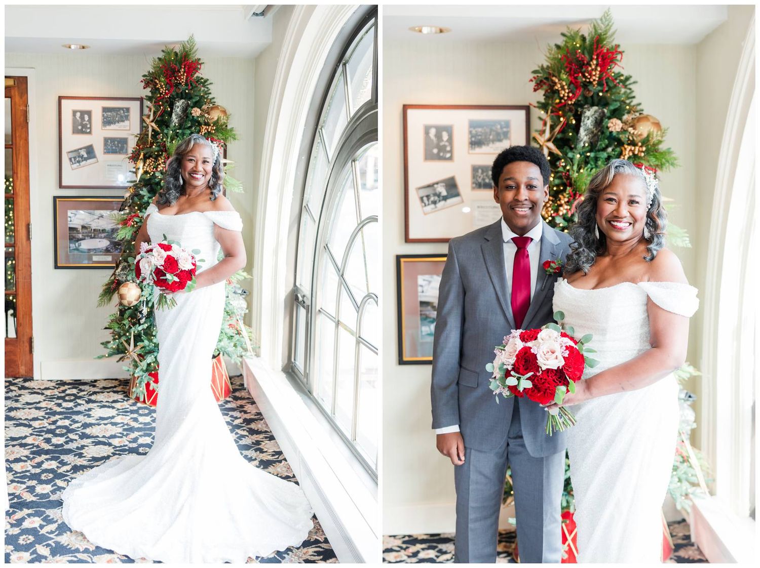 Elegant wedding ceremony setup with red floral arrangements and white decor in a bright indoor venue.