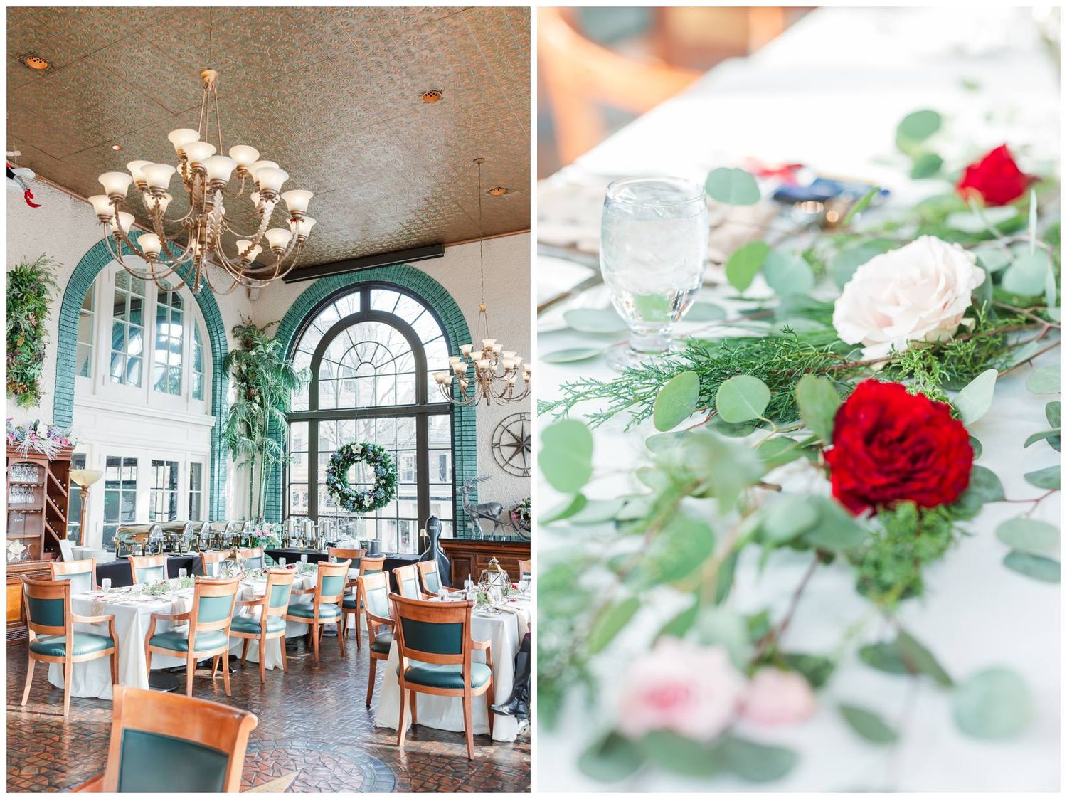 Reception venue decorated with eucalyptus leaves and red roses on white tablecloths.