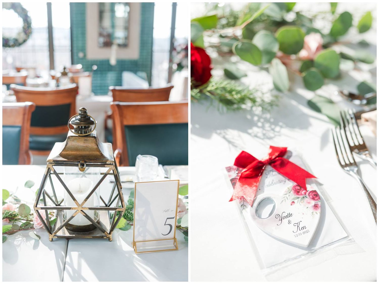 A collection of wedding table decorations featuring greenery, candles, and place cards arranged in an elegant style.