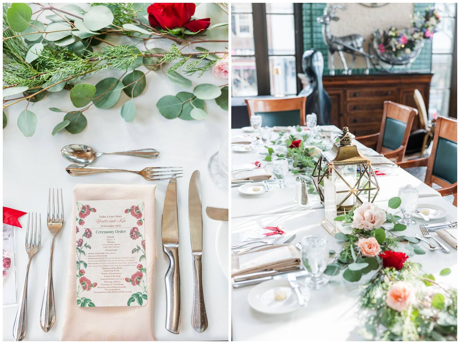 Elegant table settings with red and white floral arrangements, eucalyptus greenery, and silver cutlery for a wedding reception.