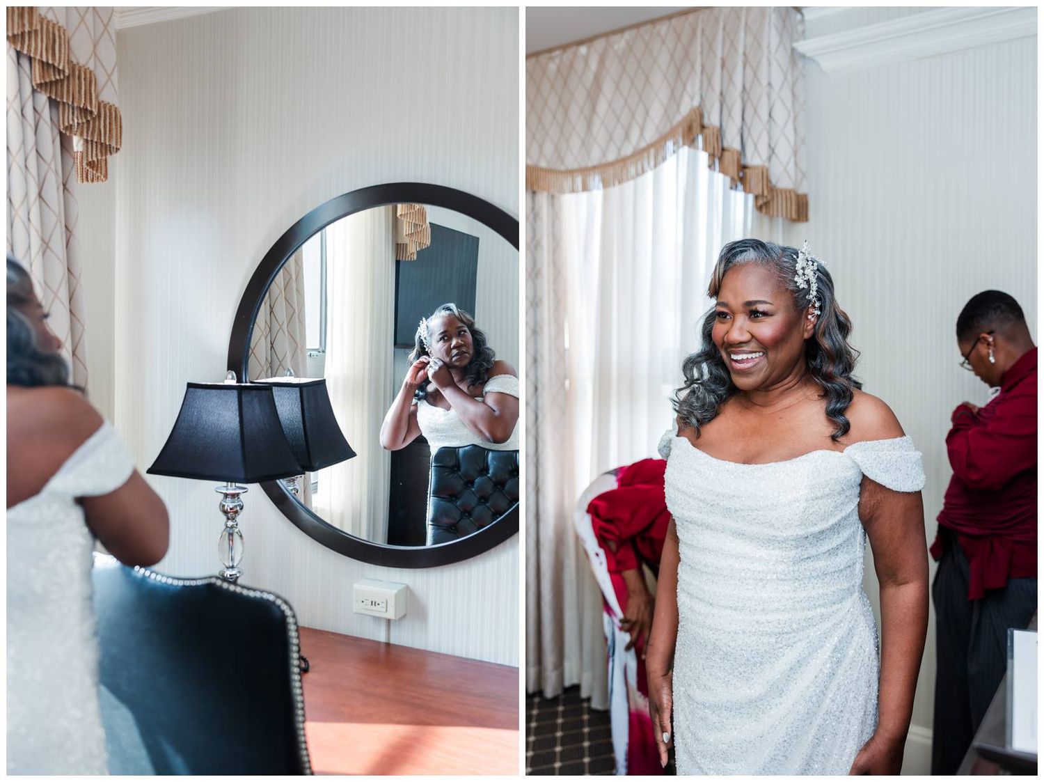A collage of images showing someone trying on a white wedding dress in a bridal fitting room with mirrors and lighting.