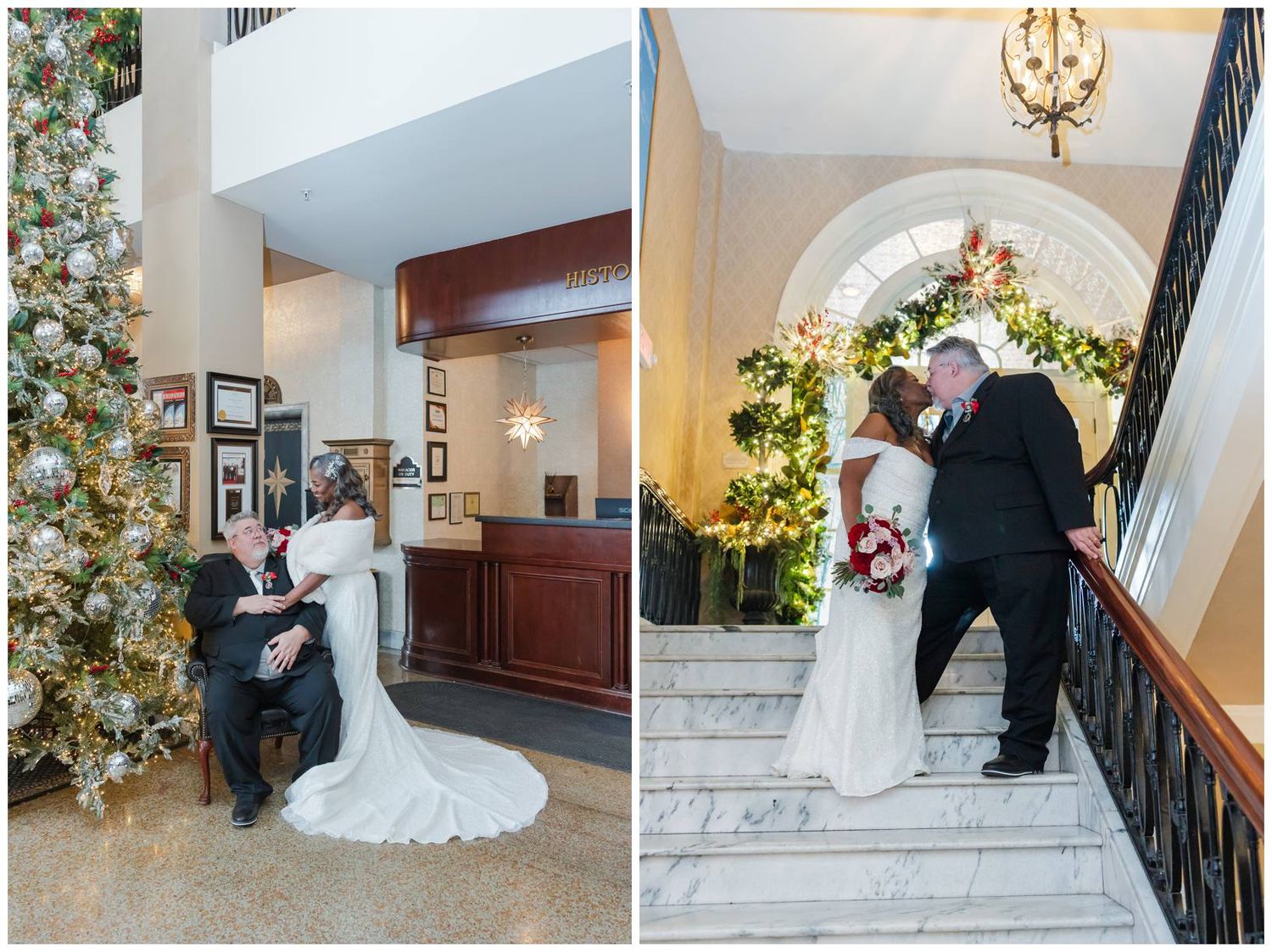 A sequence of wedding photographs showing various moments during a ceremony in an elegant indoor venue with holiday decorations.
