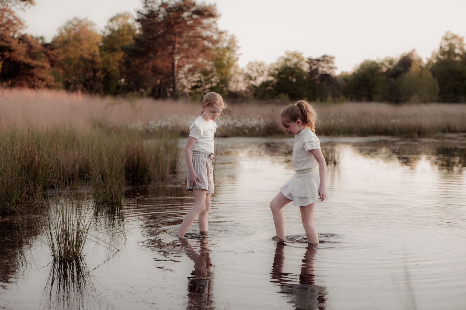 Spontane gezinsshoot in het water bij zonsondergang. Puur en speels vastgelegd tijdens een fotoshoot in Helmond.