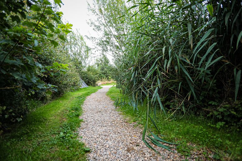 A gravel path winds through lush green vegetation with tall grass and bushes along both sides.