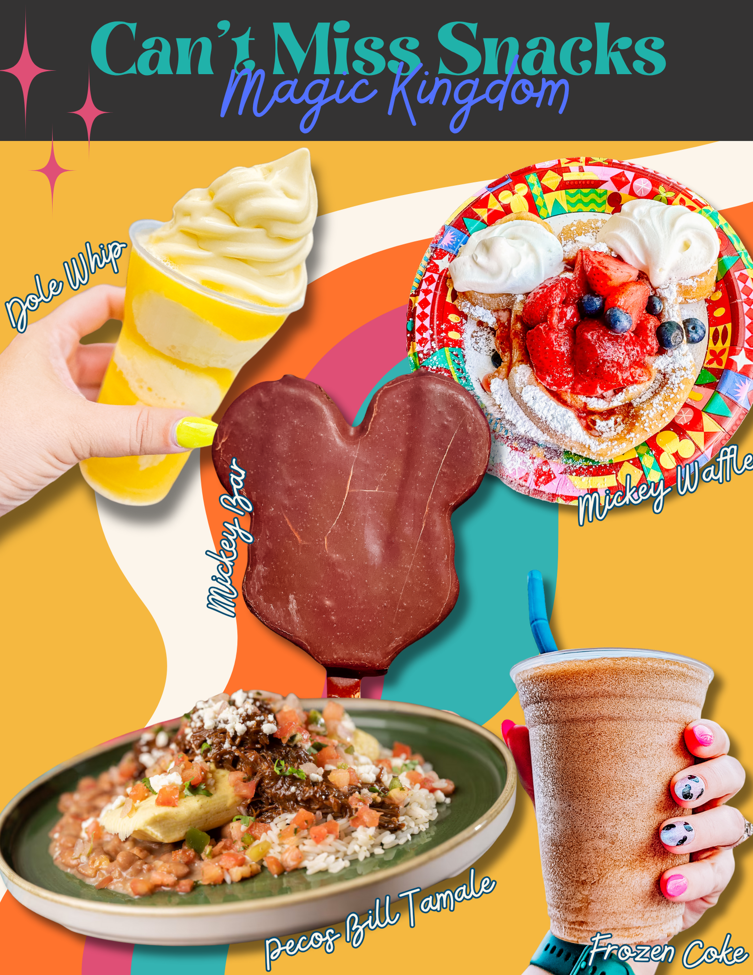 Collage of Magic Kingdom snacks including Dole Whip, Mickey ice cream bar, and themed desserts.
