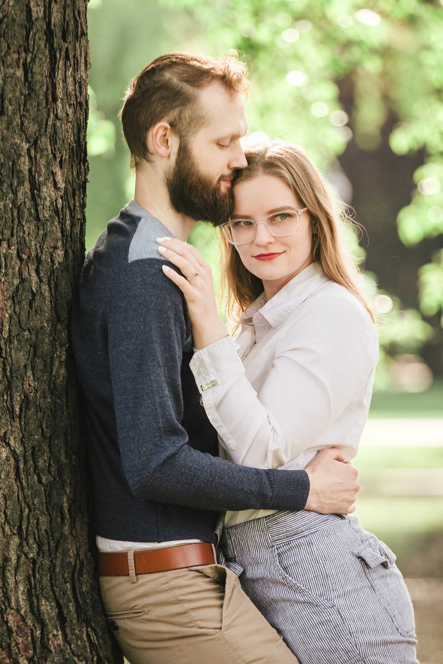 Romantic close-up of engaged couple gazing at each other with soft backlight in Boston Public Garden Lagoon engagement photos