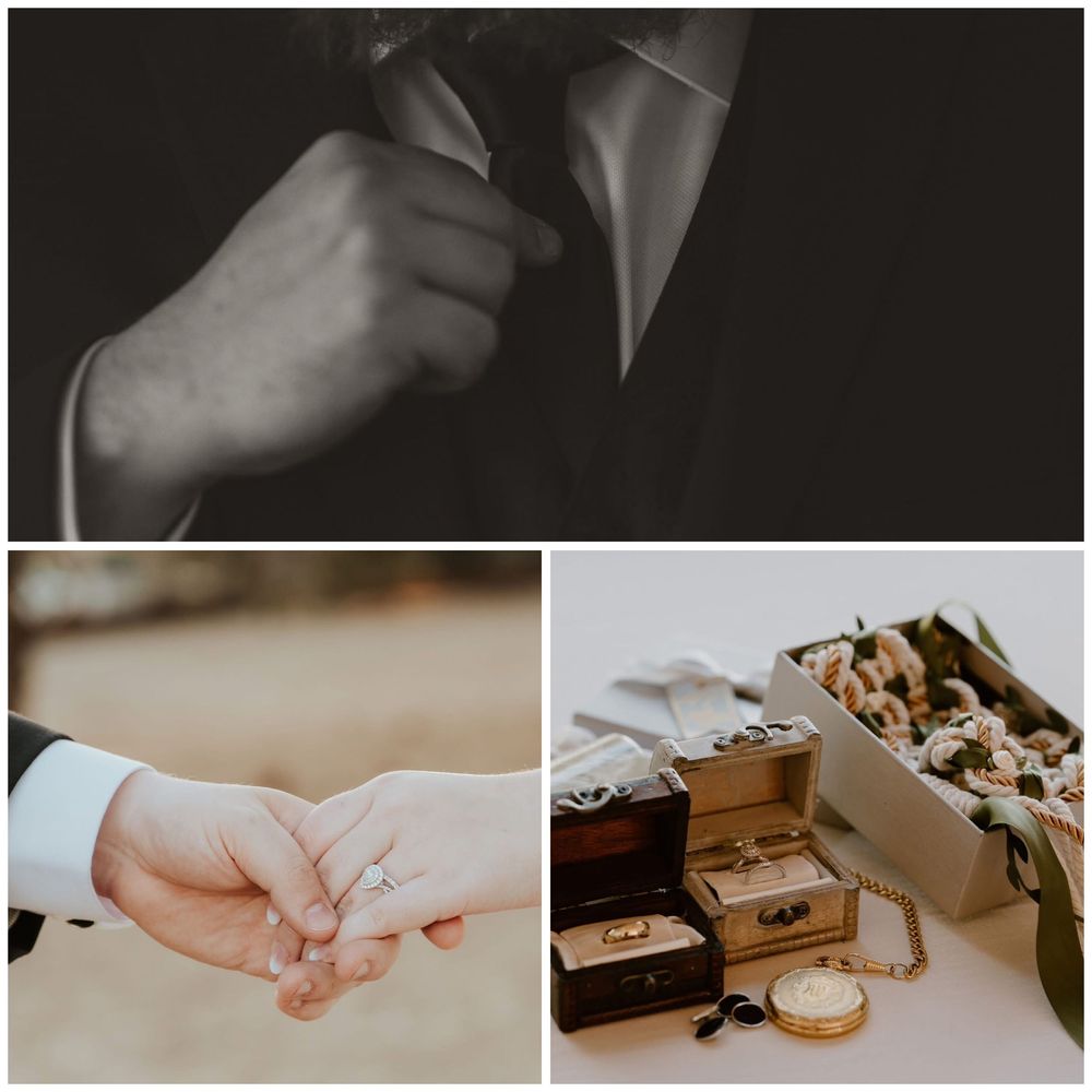 A three panel image collage showing hands adjusting a tie, holding rings, and a collection of vintage accessories.