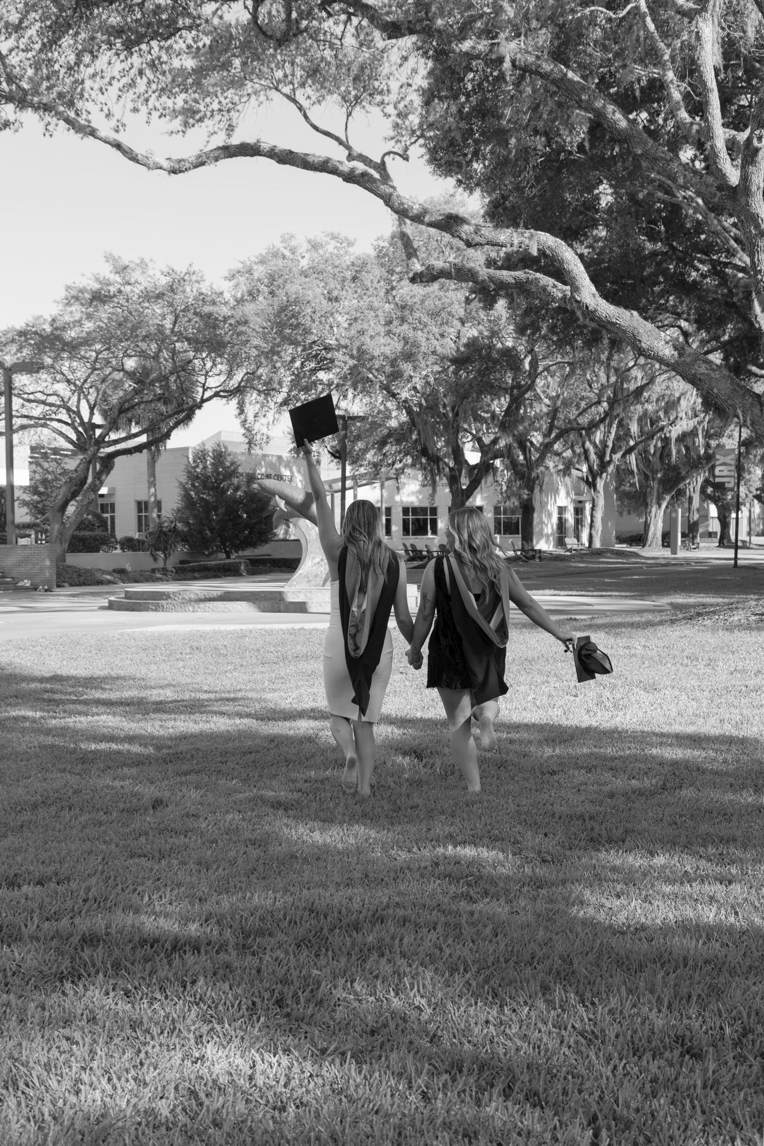 Two graduates in black robes walk hand in hand across a sunny campus lawn in a black and white photo.