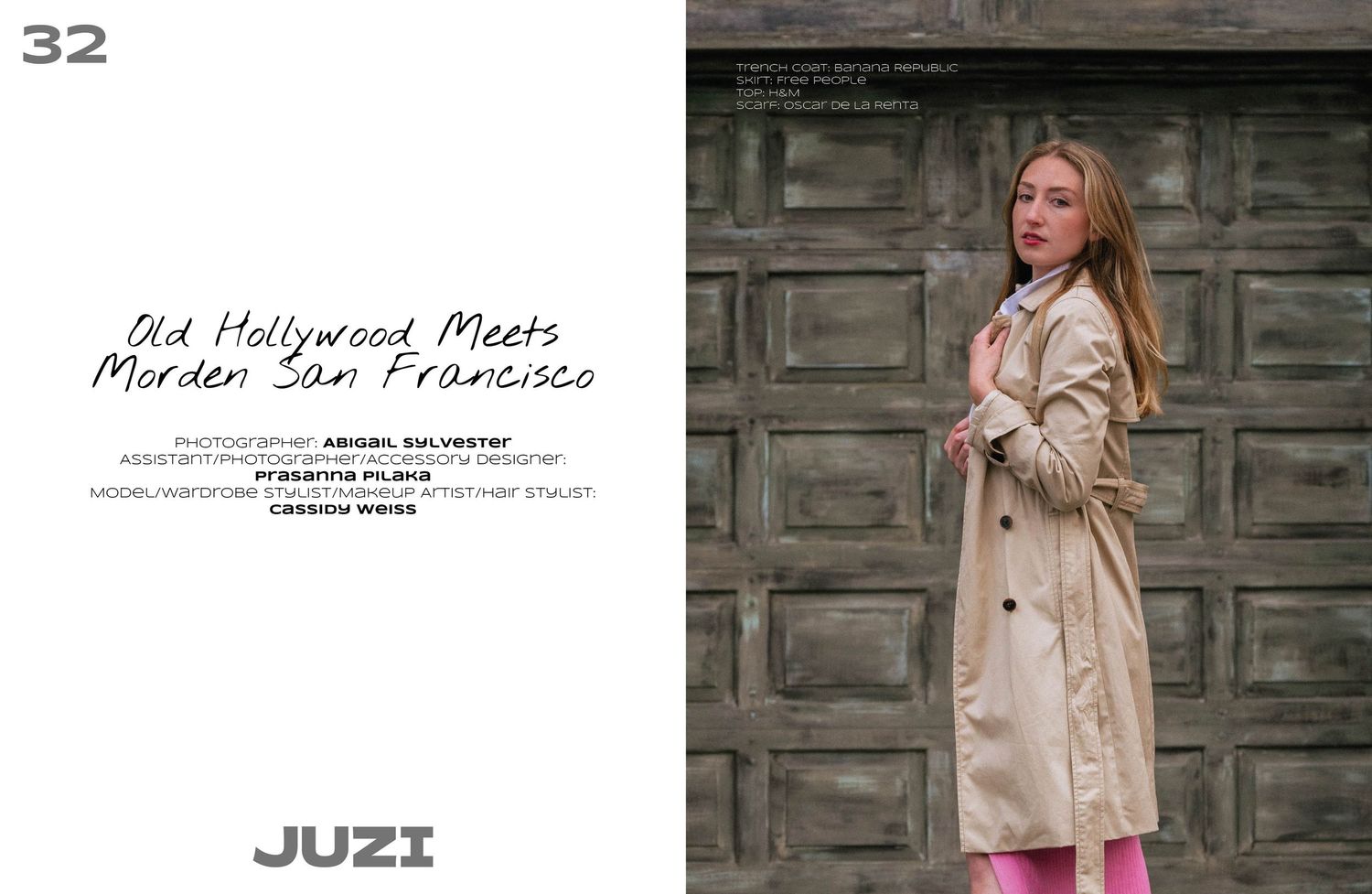 Fashion model poses against rustic wooden door wearing classic beige trenchcoat.