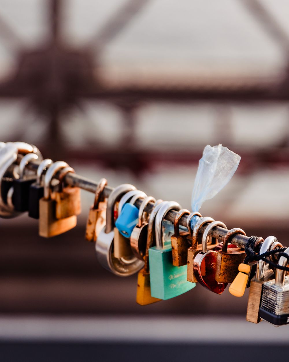 A rusted rail of colorful padlocks and a plastic tie bag dangle over the bridge, symbols of love and memory in the city.