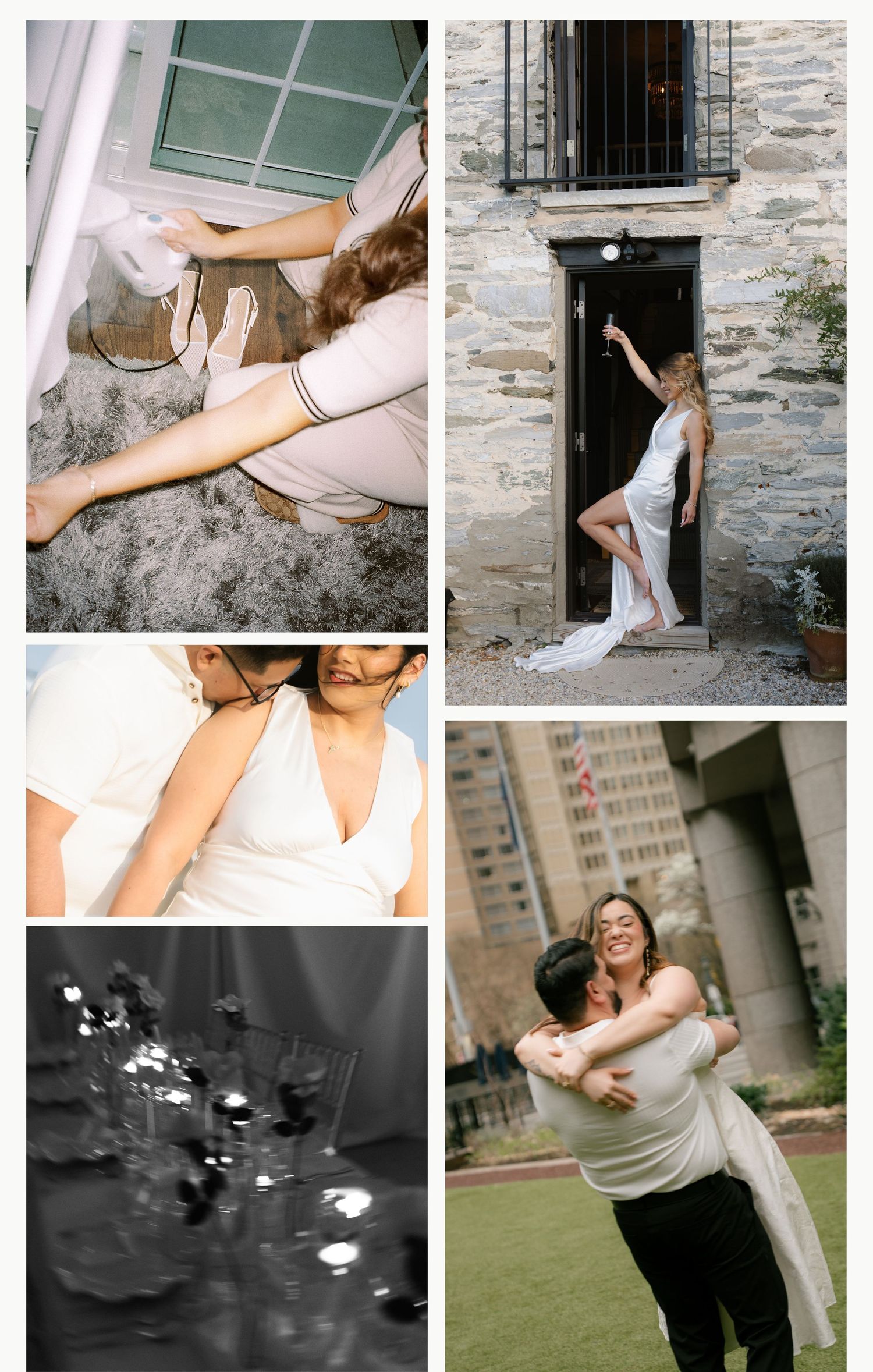 A collection of black and white wedding moments showing couples, details, celebration and an elegant high heel shoe.