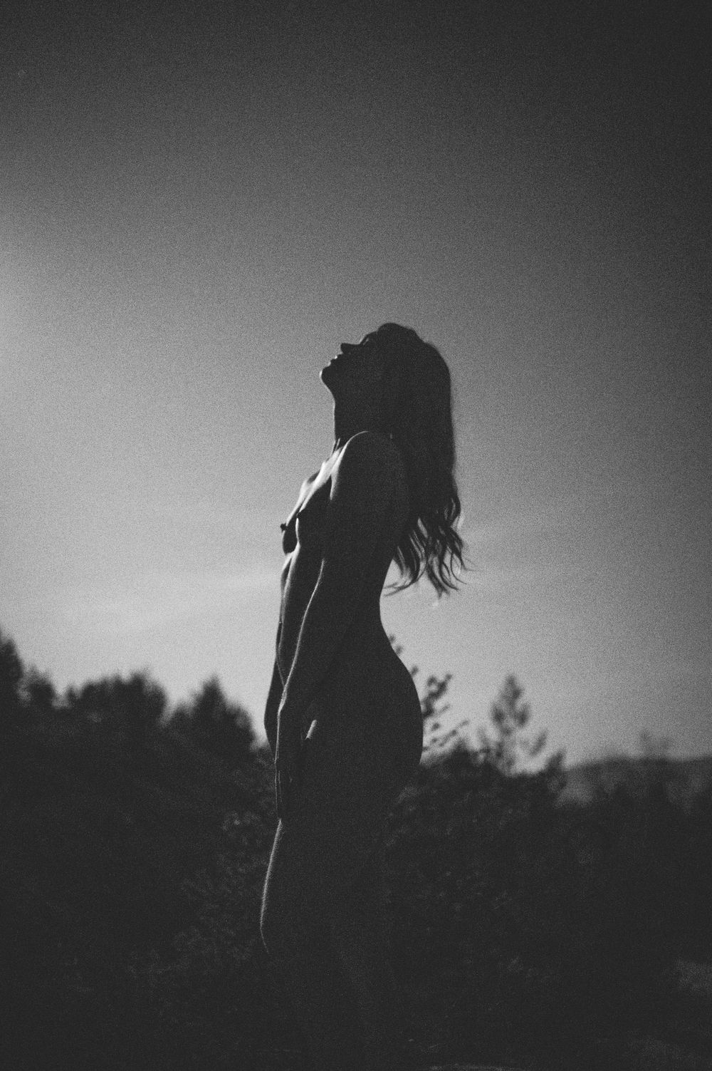 Dramatic black and white silhouette of a woman with long hair standing against a dusky sky.