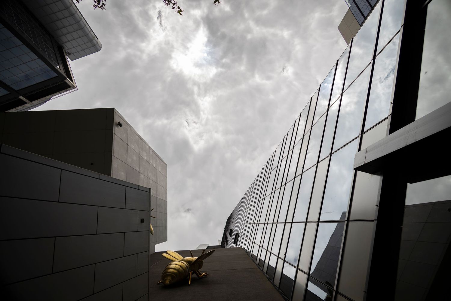 Dramatic upward view of modern buildings with a large golden bee sculpture and moody clouds.