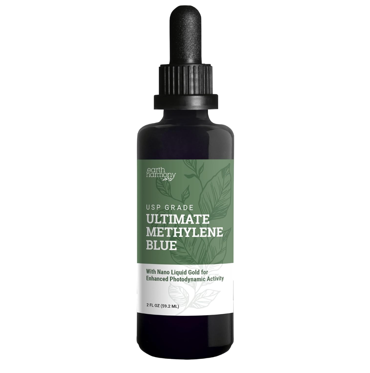 Dark glass bottle of Ultimate Methylene Blue supplement with green leaf design on label.