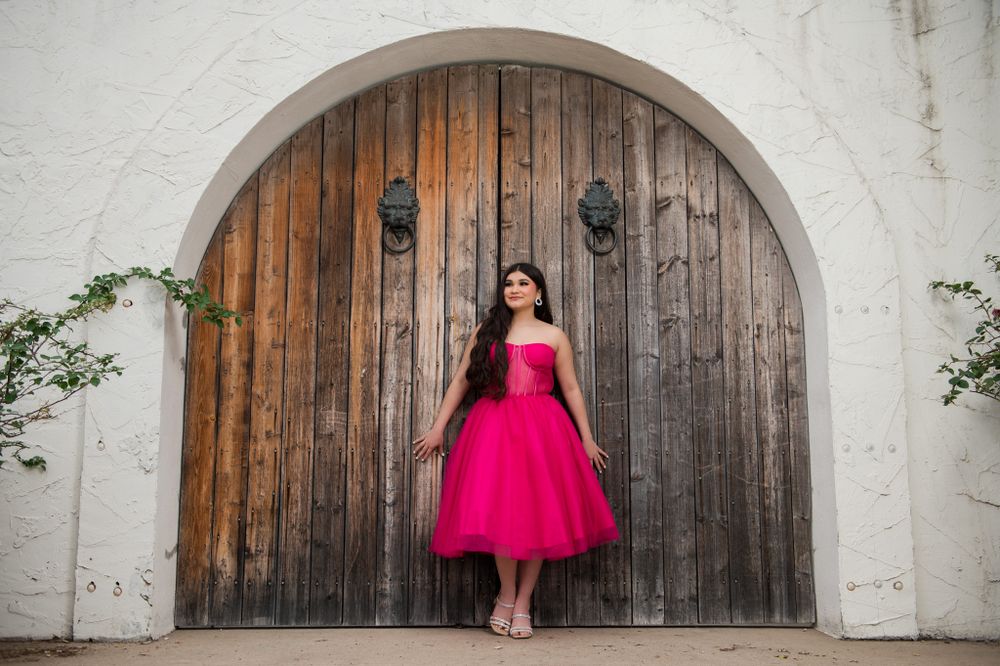 A bright pink tulle dress creates elegant contrast against a rustic wooden arched door.