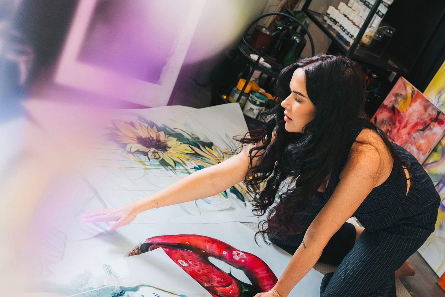 Behind-the-scenes personal branding portrait in colorful studio