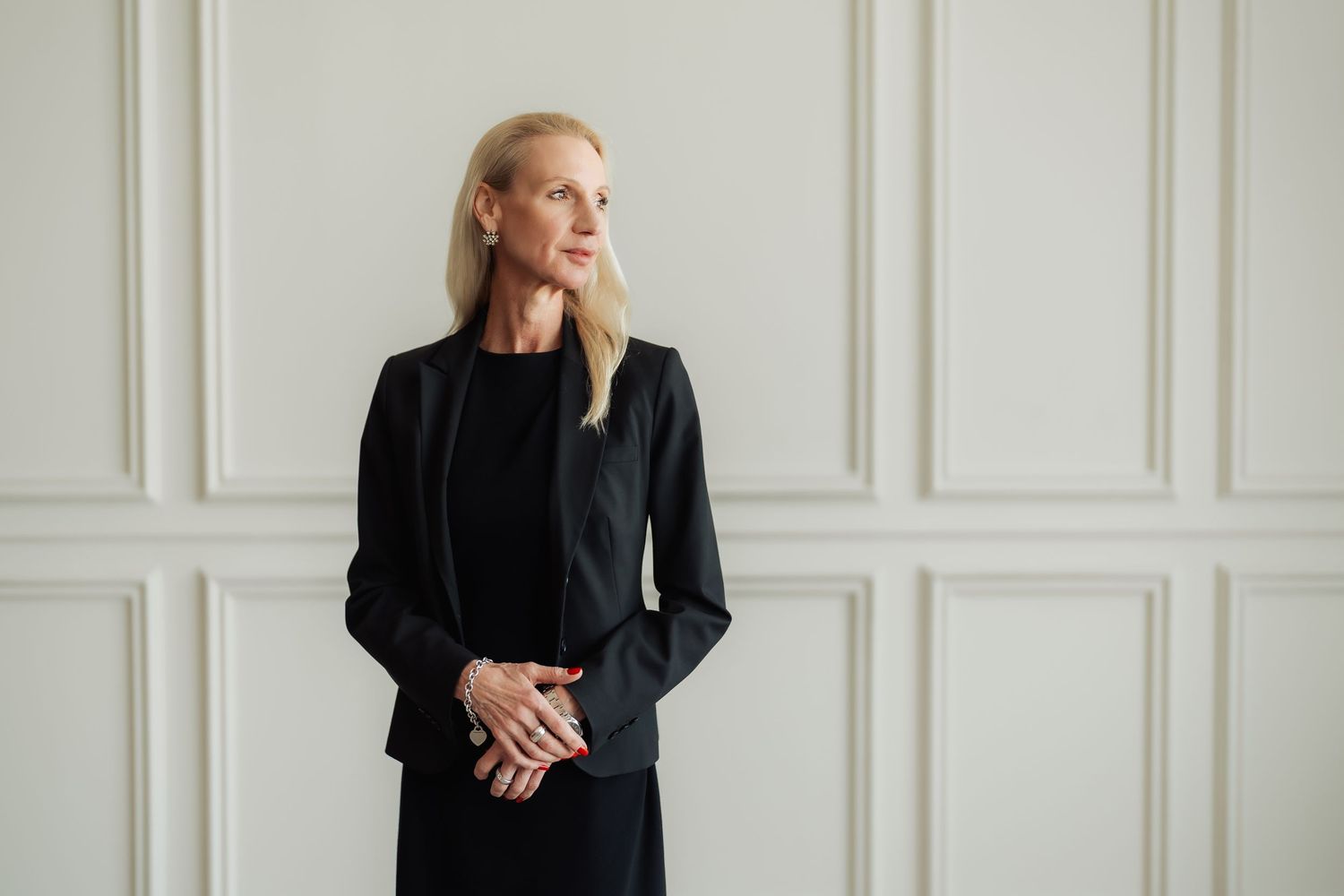 Studio personal branding photoshoot in Dubai – woman in black jacket, studio portrait