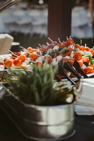 Appetizer skewers with cherry tomatoes and mozzarella balls arranged in a metal serving container.