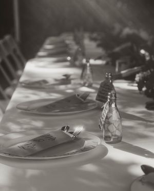 Black and white photo of elegant table setting with plates and water bottles in dramatic lighting.