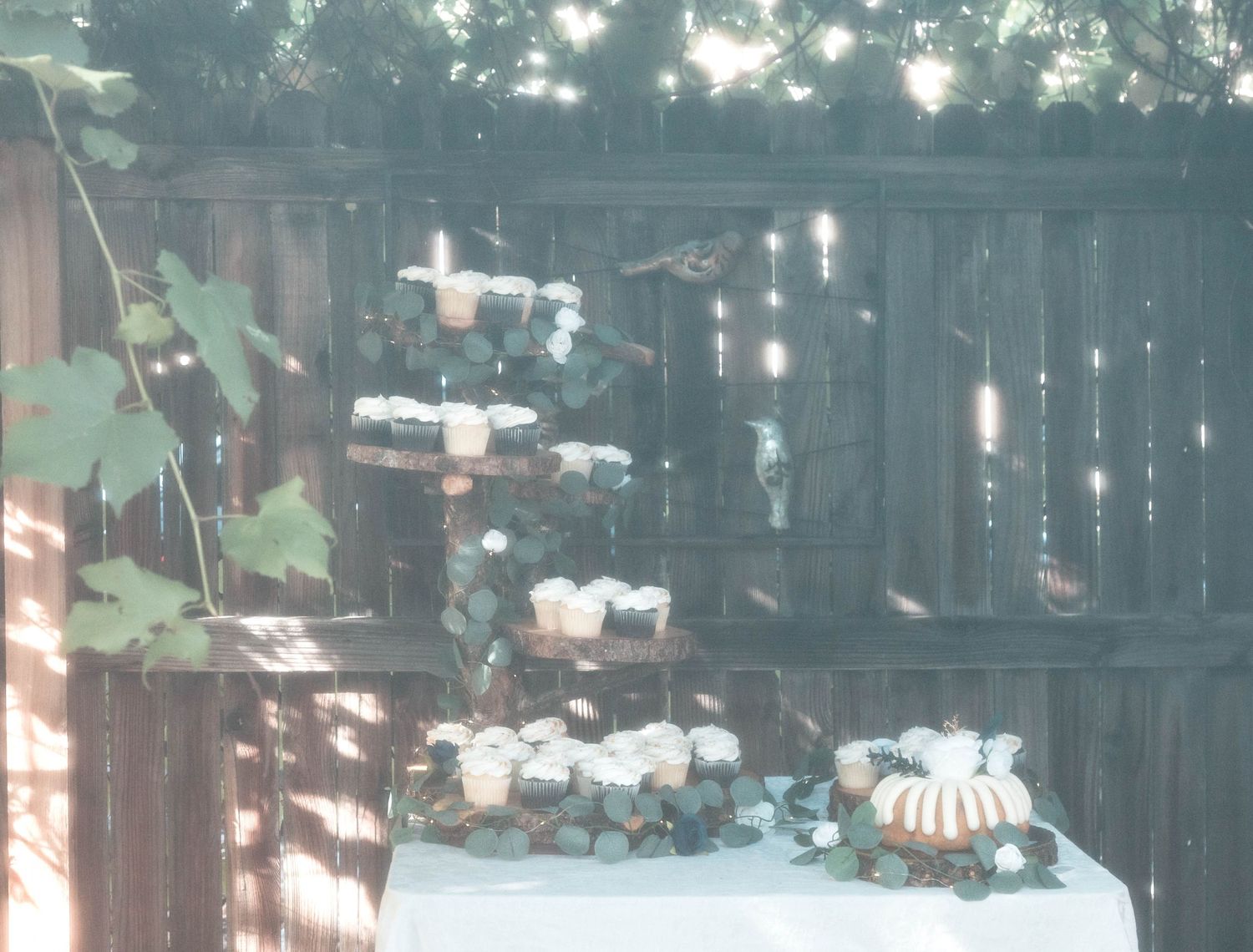 Decorative string lights and ornaments hanging against a wooden fence in a garden setting.