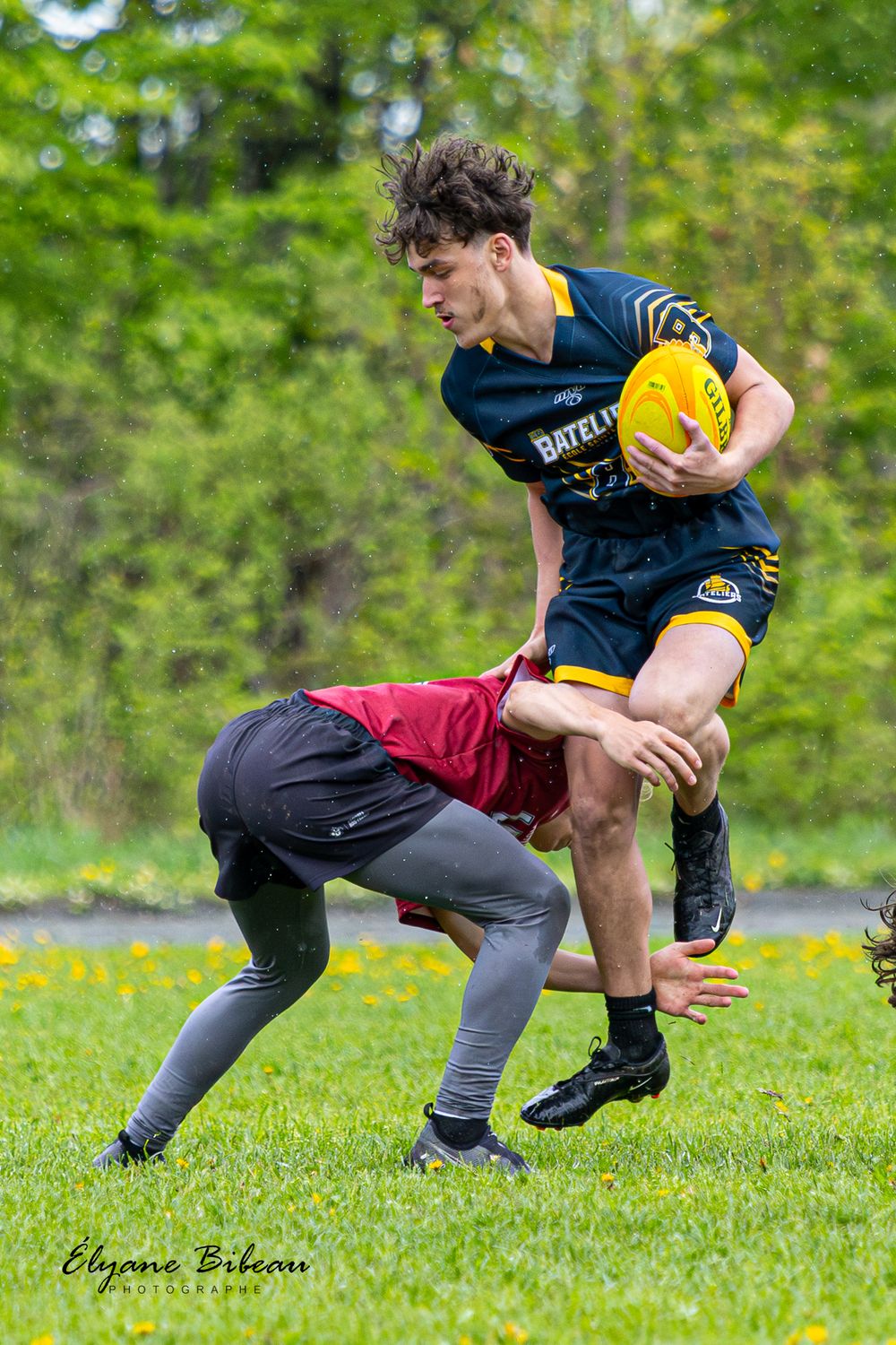 A sequence of disc dog training movements showing a handler practicing low catches with a yellow frisbee on grass.