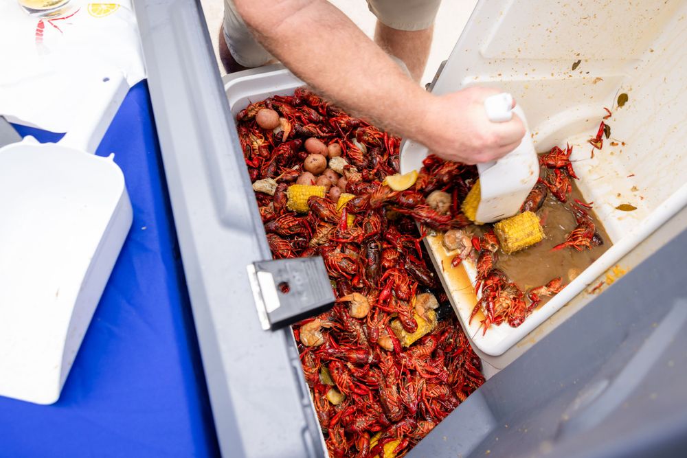 Close-up of crawfish boil being prepared in large cooler with seasonings.