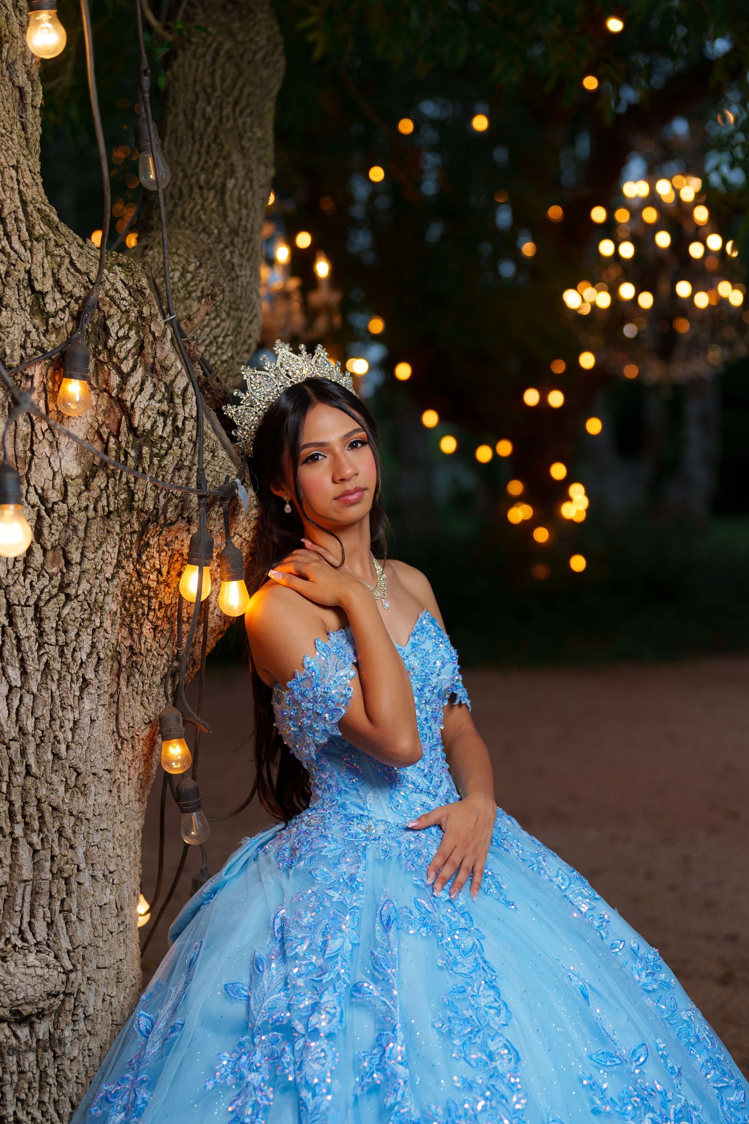 A princess-style ball gown in powder blue features delicate lace appliques against a backdrop of string lights.