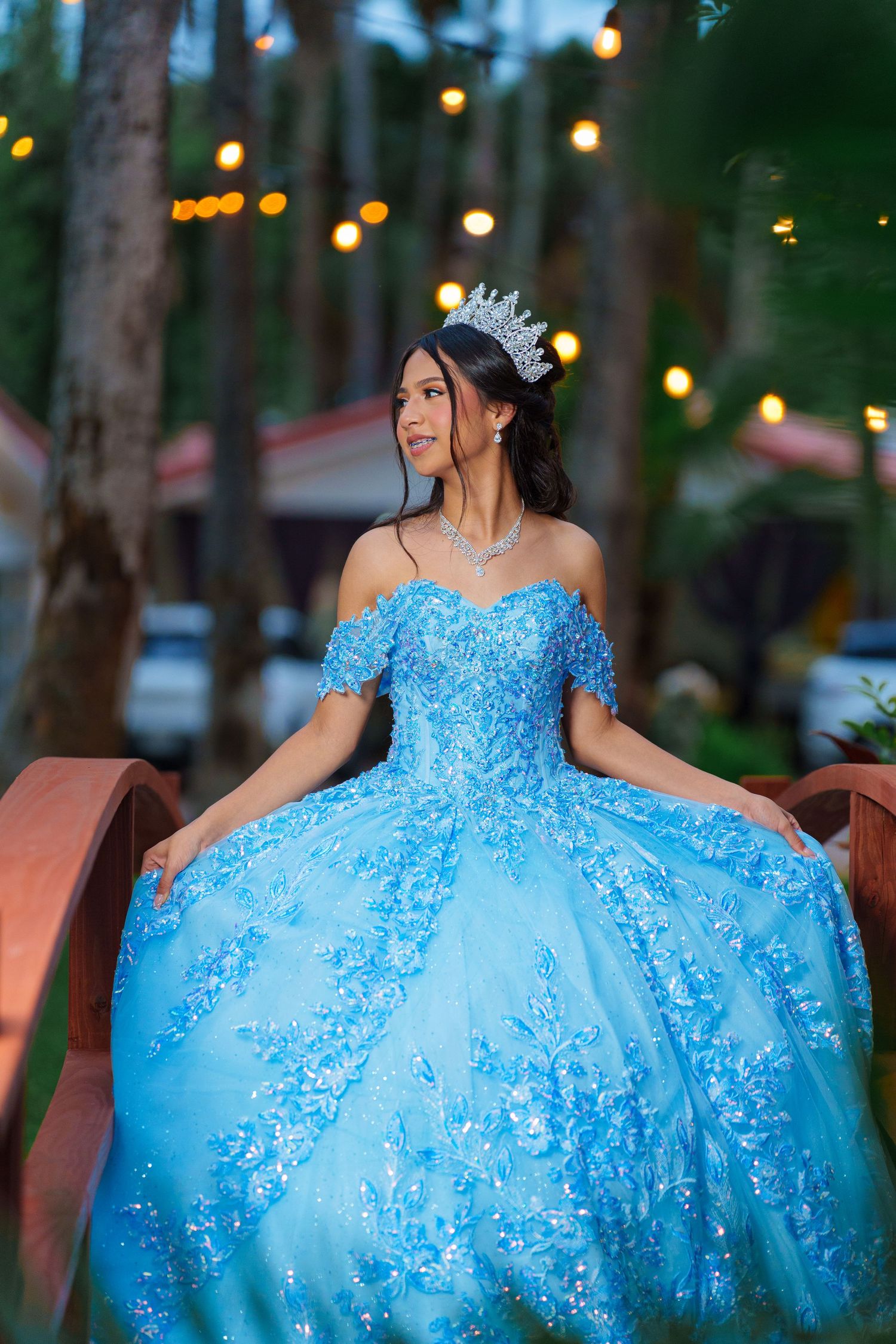 A voluminous light blue ball gown with beaded details photographed in an outdoor setting with ambient lighting.