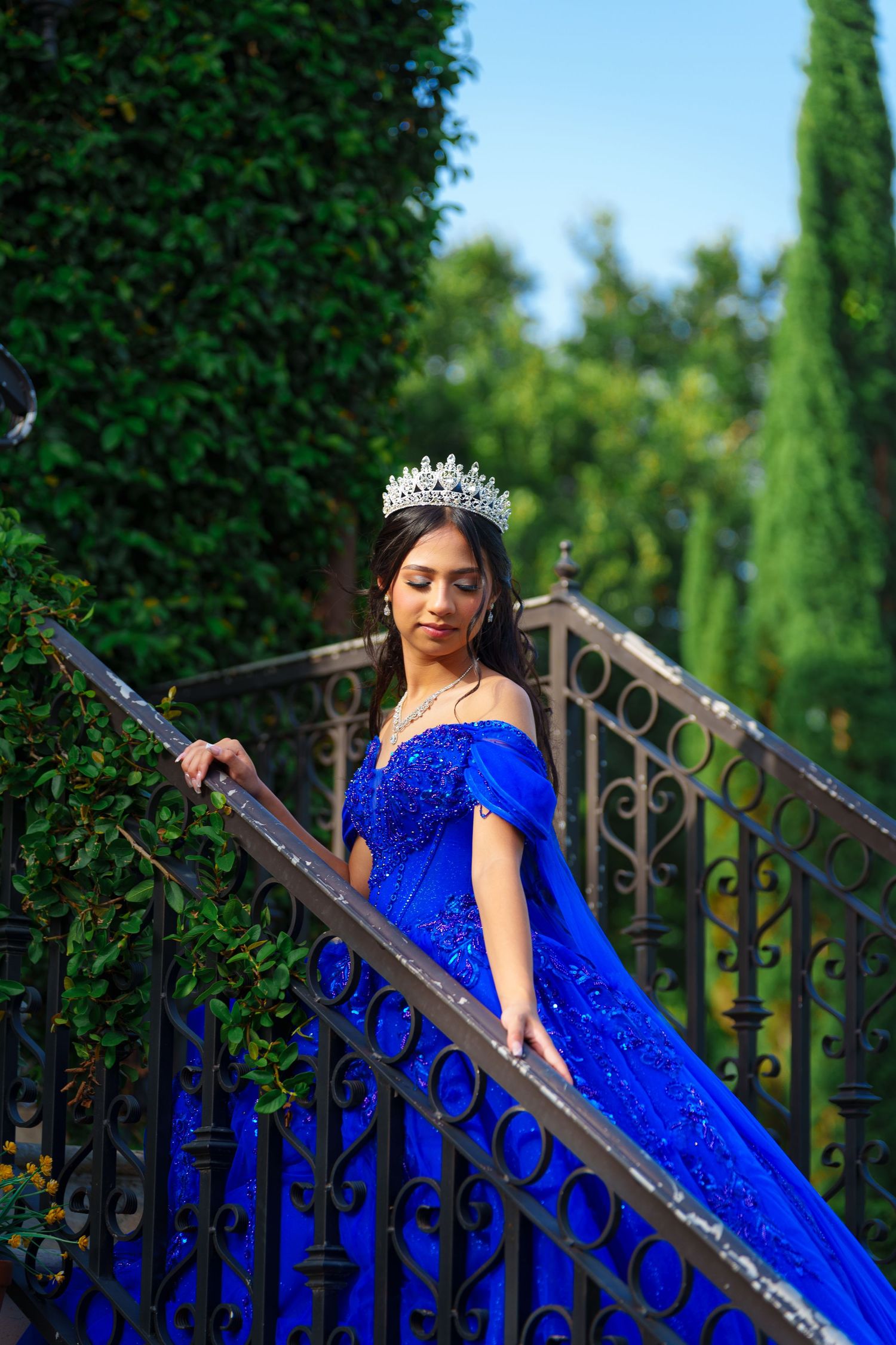 A brilliant blue formal gown photographed against lush green hedges and decorative iron railings.