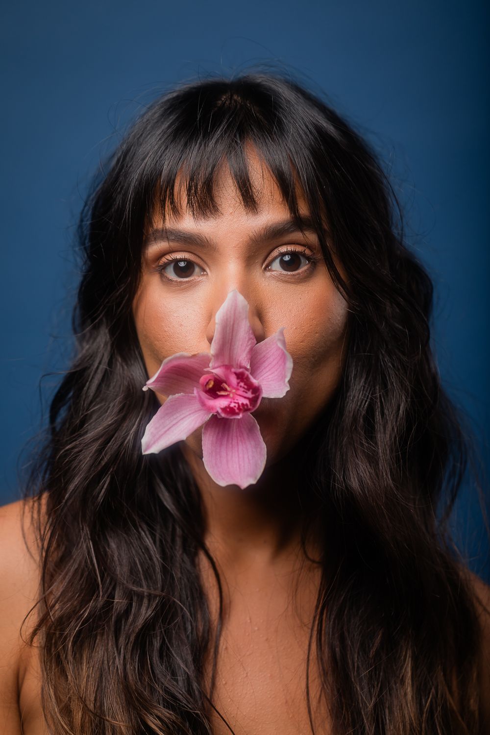 Portrait of someone with long dark wavy hair holding a pink orchid flower in front of their mouth against a blue backdrop.