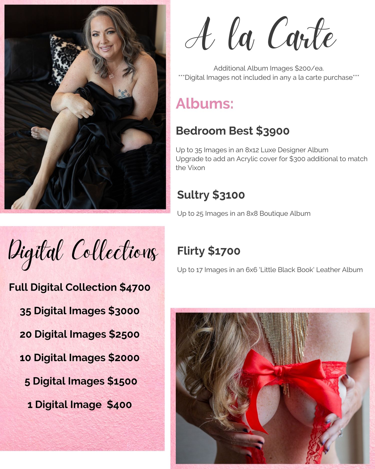 Price list showing photography packages including albums and digital collections with pink and black color scheme.