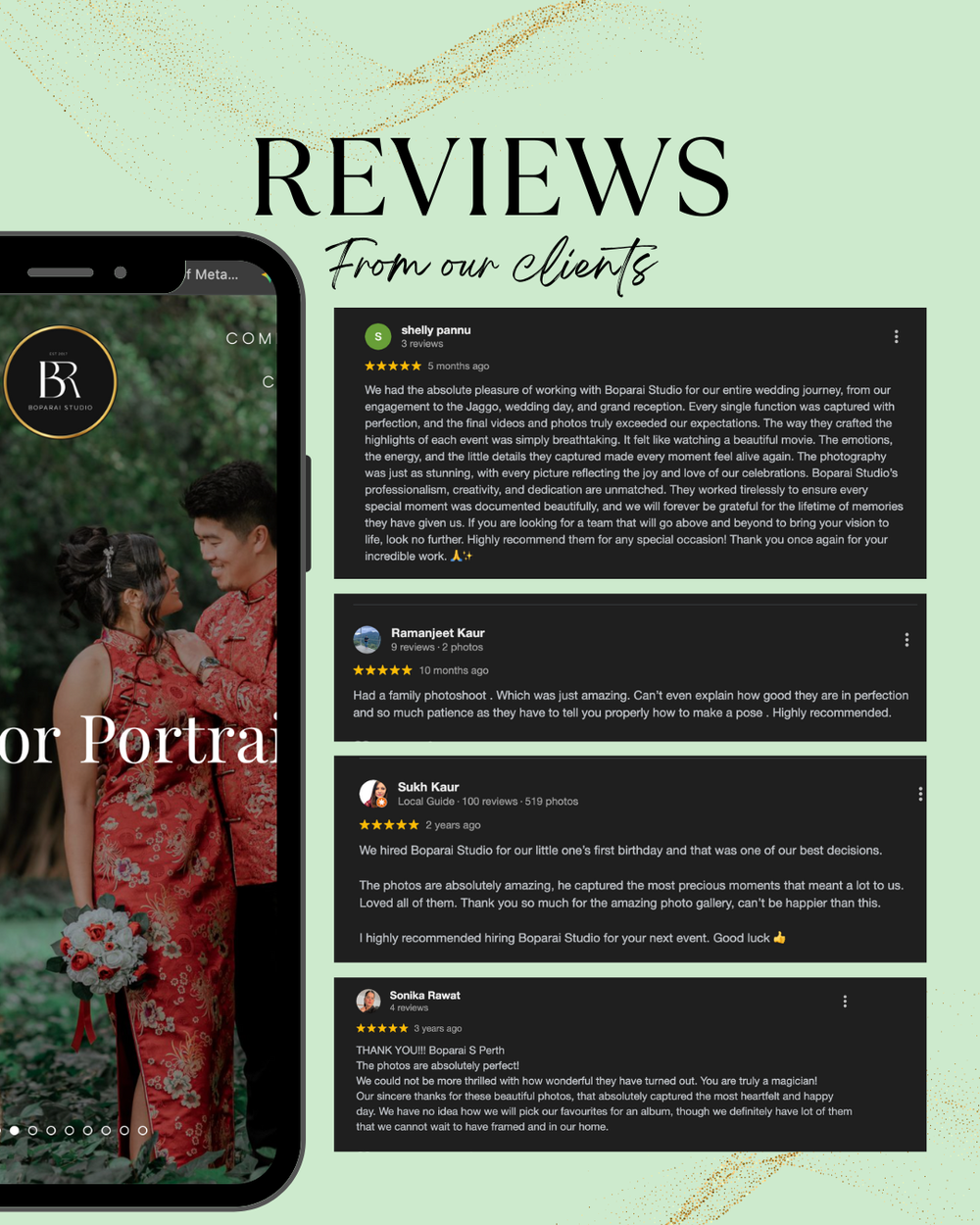 A mobile phone displays a reviews section with dark background showing customer testimonials and star ratings.