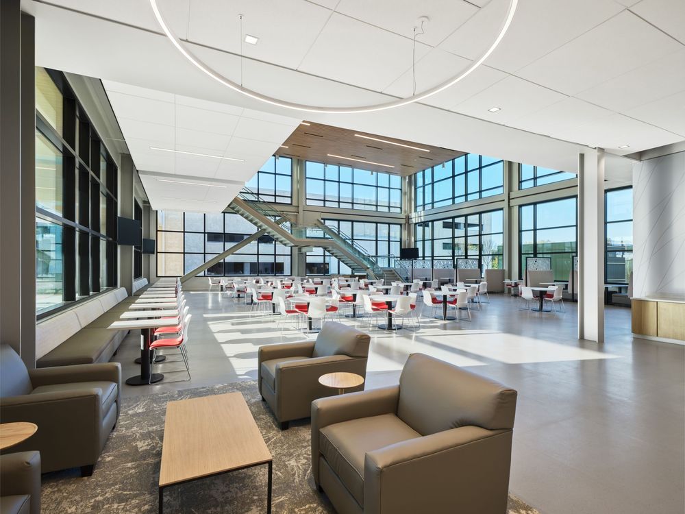 Modern office lounge area with gray seating and natural lighting through large windows overlooking a city.