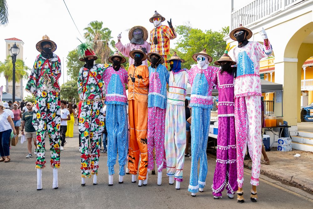 Large group wearing colorful traditional Caribbean carnival costumes lined up in formation on a street.