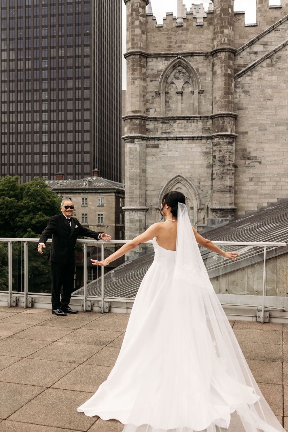 Sequence of wedding photos showing a flowing white bridal gown and veil against a gothic stone church backdrop.