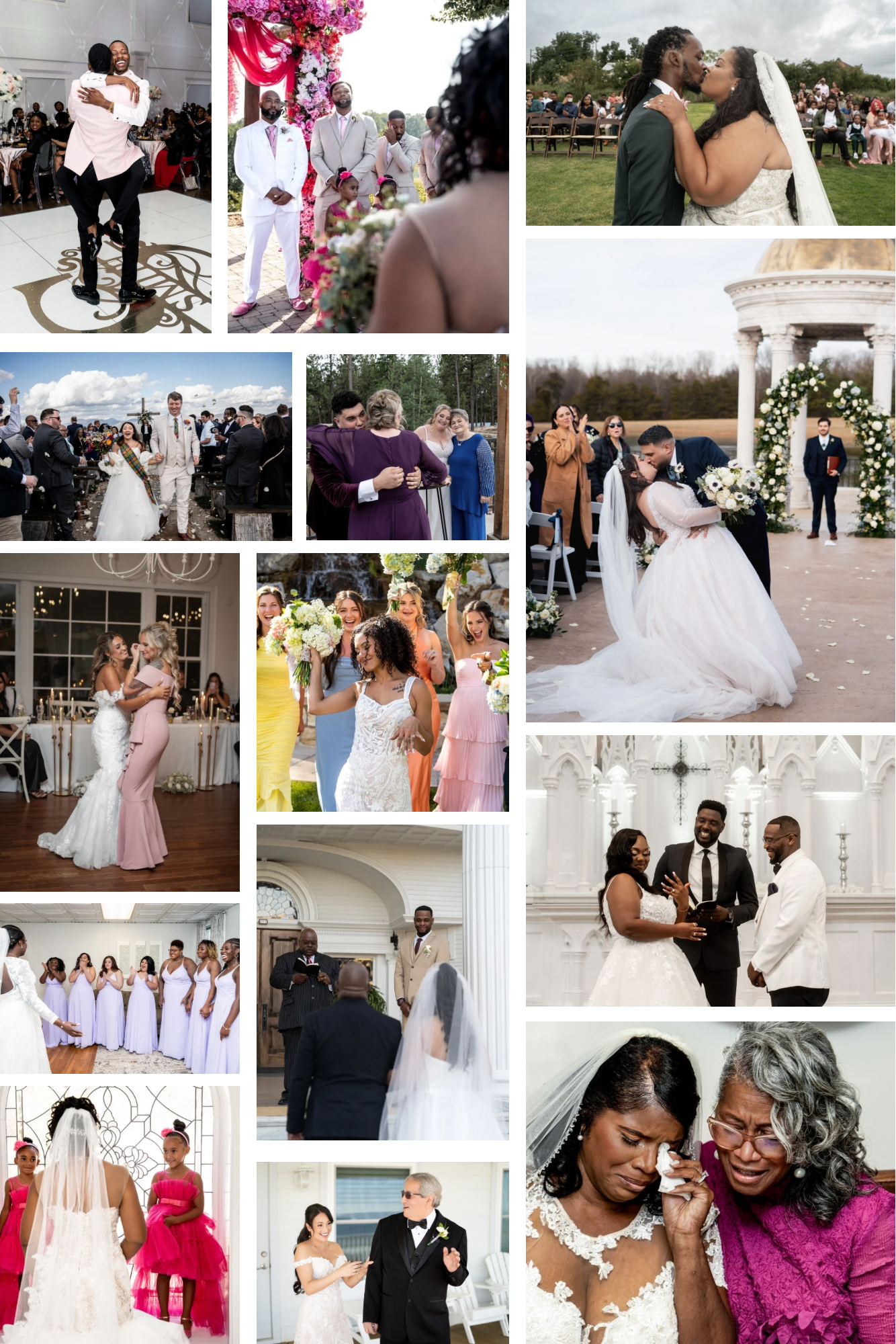 A collection of wedding celebration photos showing romantic moments, dancing, and formal group portraits in various settings.