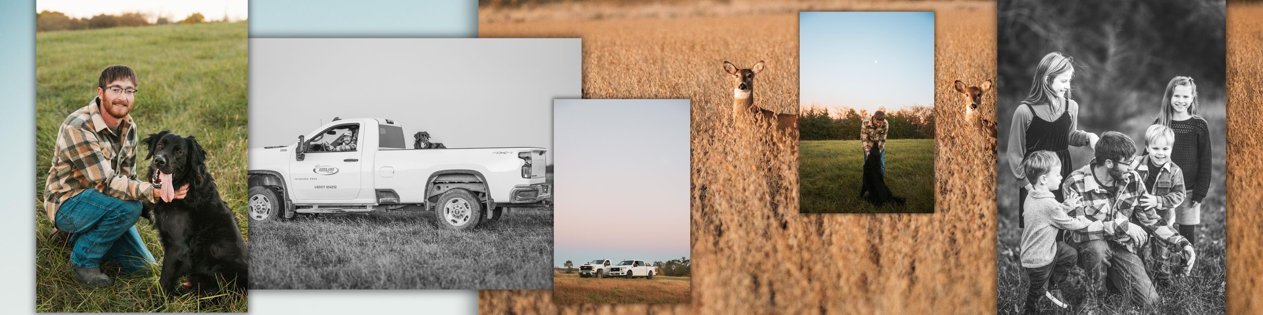 A row of vintage photographs showing rural life and family scenes displayed in a horizontal collage format.