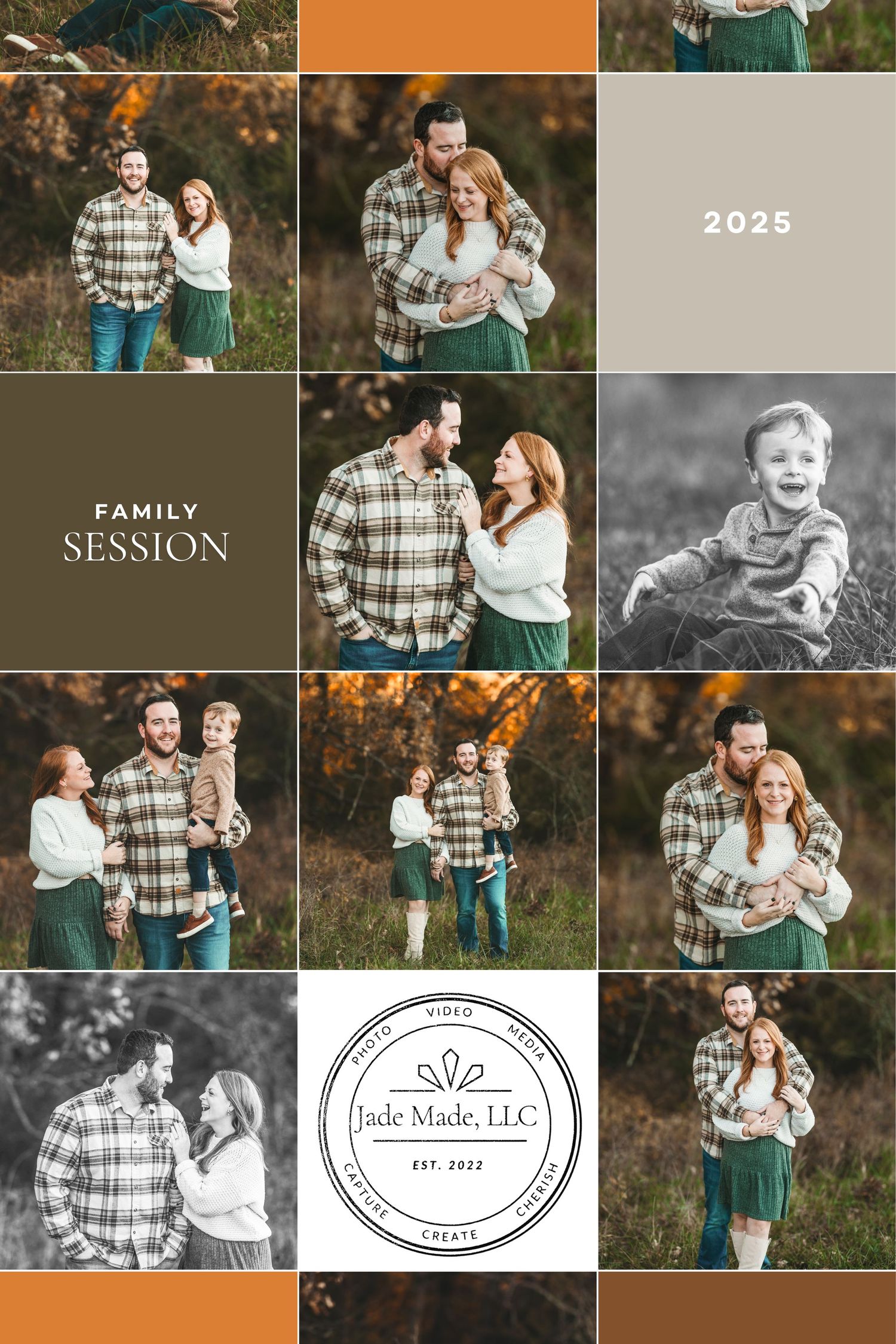 Family photo collage featuring coordinated outfits in green and plaid during an autumn outdoor photography session.