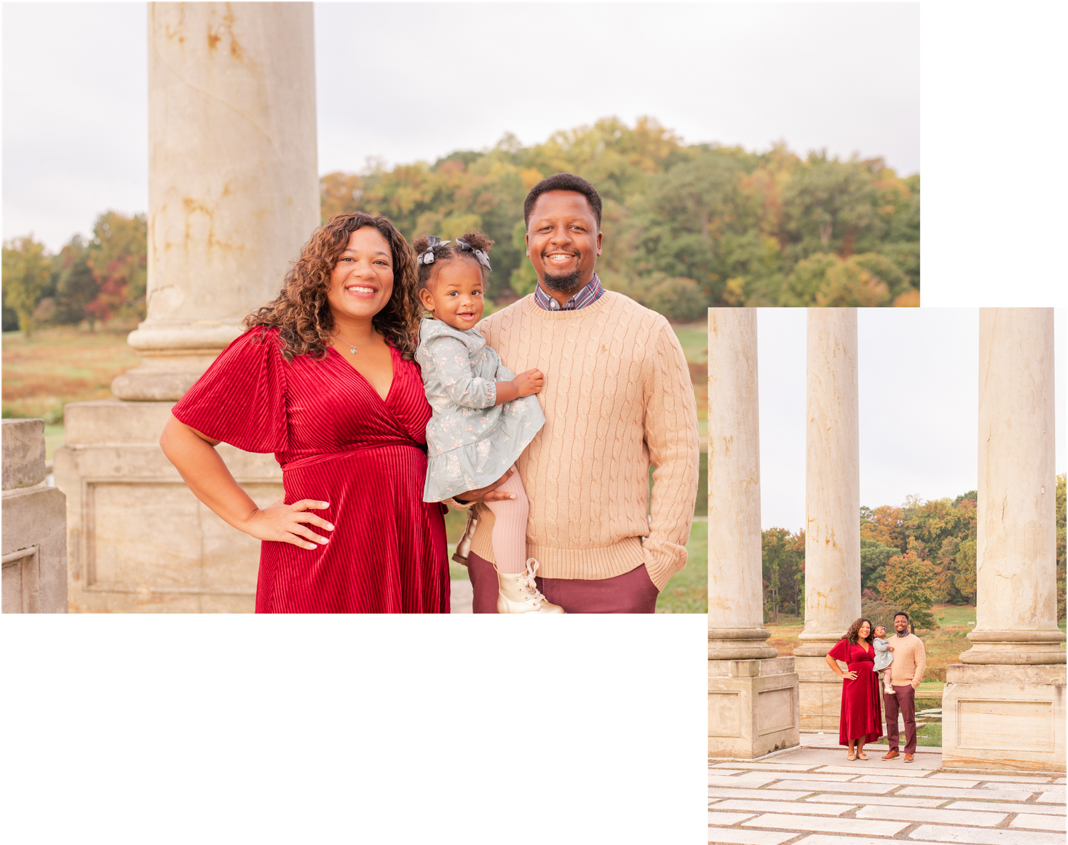 A couple in red and beige outfits poses with their young daughter during a Northern Virginia family photo session in the National Arboretum.